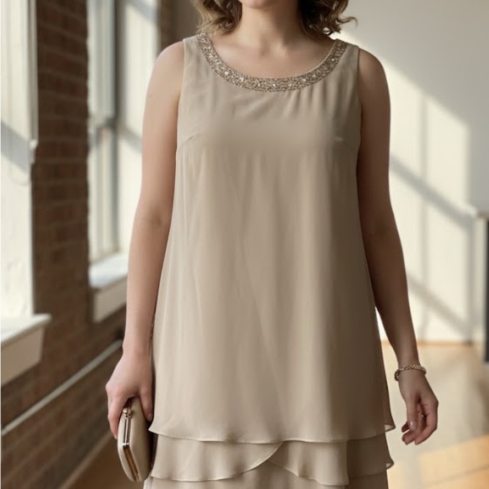 S.L. Fashions Beaded Neckline Layered High-Low Dress - Beige